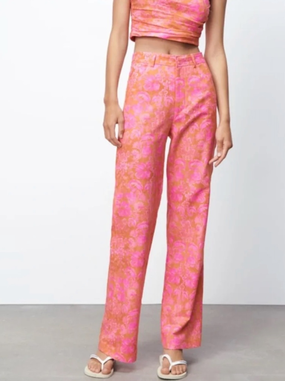 Zara Floral Linen Pants in Orange and Pink